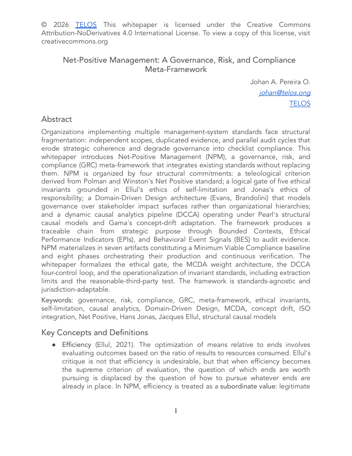 First page of the whitepaper: Net-Positive Management, a governance, risk and compliance meta-framework